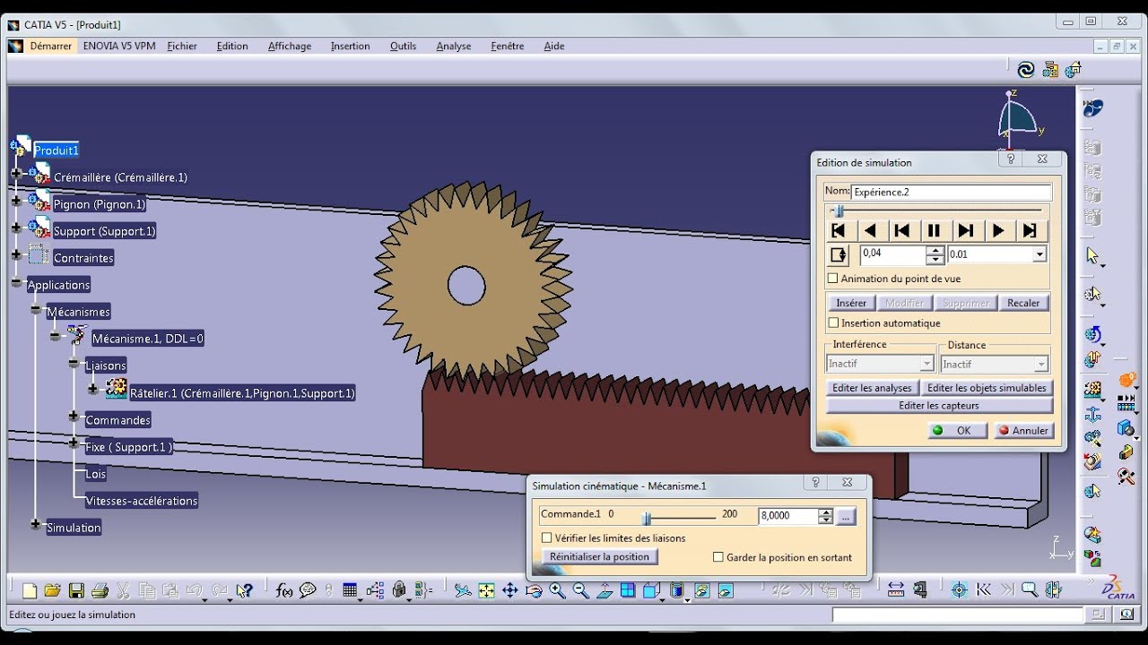 Pignon Crémaillère; partie Simulation/ Animation avec CATIA V5, part DMU Kinematics rack and pinion