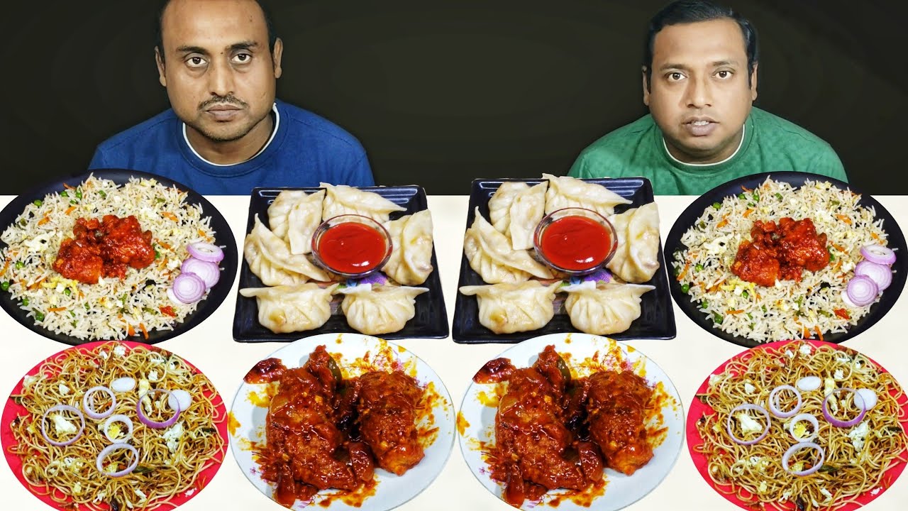 CHICKEN MANCHURIAN FRIED RICE CHOWMEIN CHILLI CHICKEN MOMO EATING CHALLENGE // food family & more