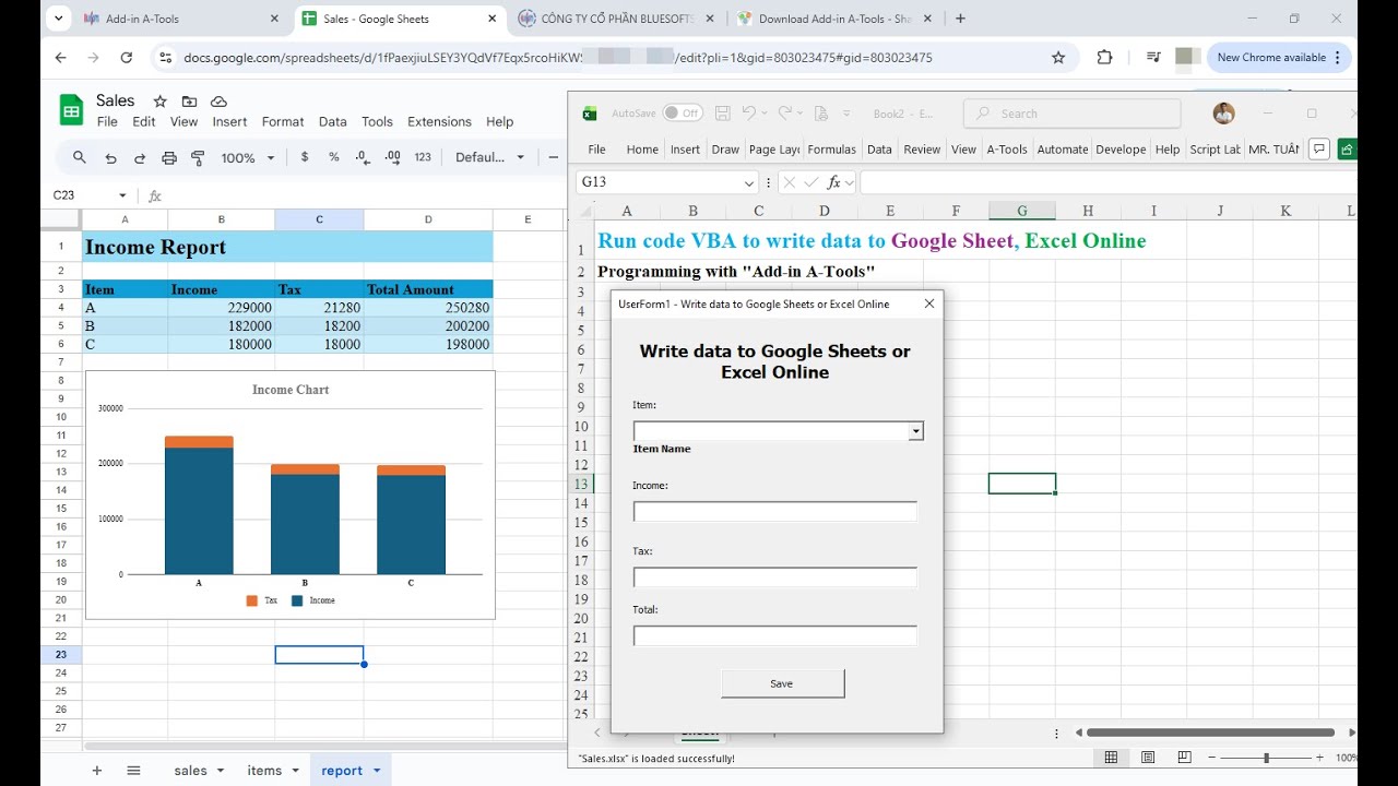 Hướng dẫn lập trình VBA tạo Userform lưu dữ liệu vào Google Sheets hoặc Excel Online