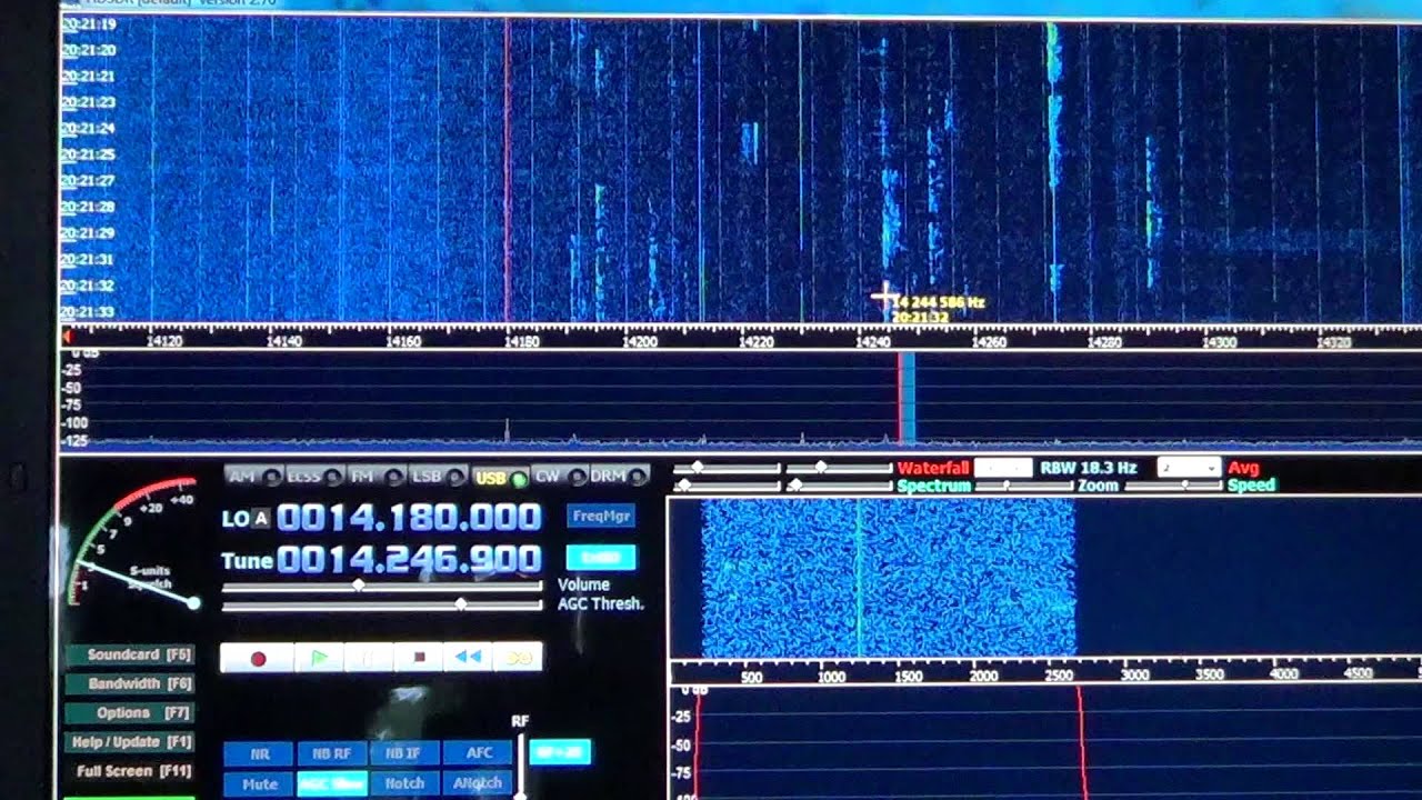 Tuning the 20 meter hamband on Soft66RTL2 SDR using waterfall for signals