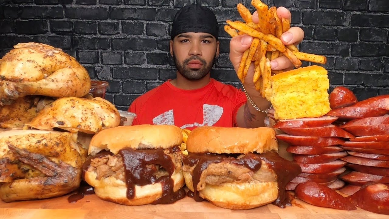 PULLED PORK SANDWICHES, SAUSAGE, BBQ CHICKEN, COLESAW, CORNBREAD, FRIES, AND BEANS MUKBANG