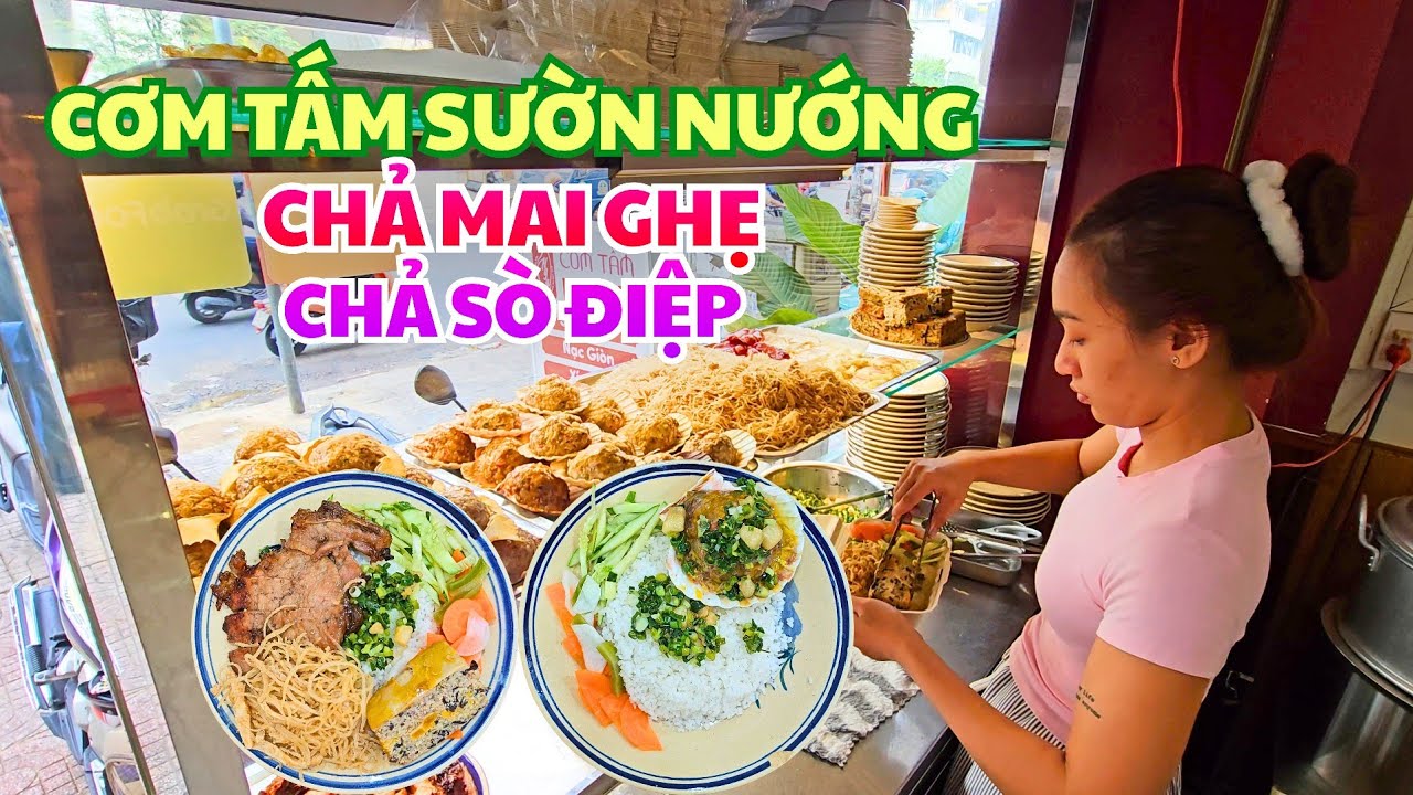 Rất Ngon Món Cơm Tấm Chả Sò Điệp, Chả Mai Ghẹ, Sườn Nướng tươi mềm và thơm phức nướng than.