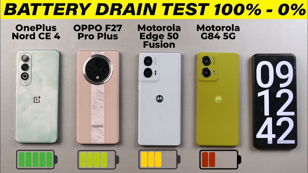 Motorola G85 vs OnePlus Nord CE 4 vs Edge 50 Fusion vs Oppo F27 Pro Plus Battery Drain Test 100-0%