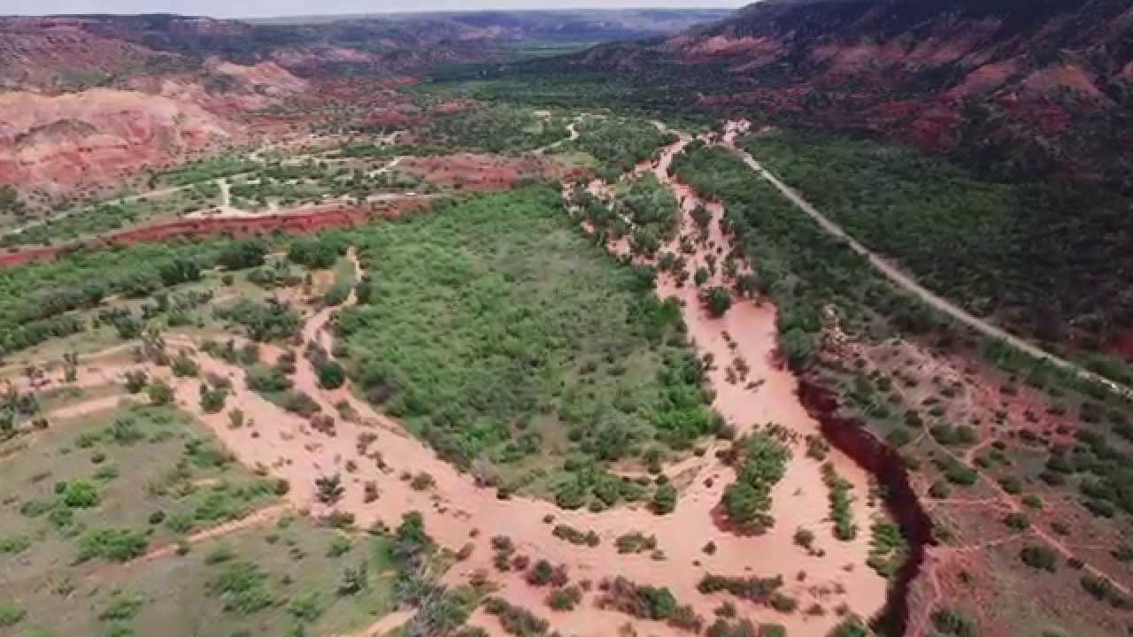 UHD 4K - Aerial view of major flooding at Palo Duro Canyon May-23-2015