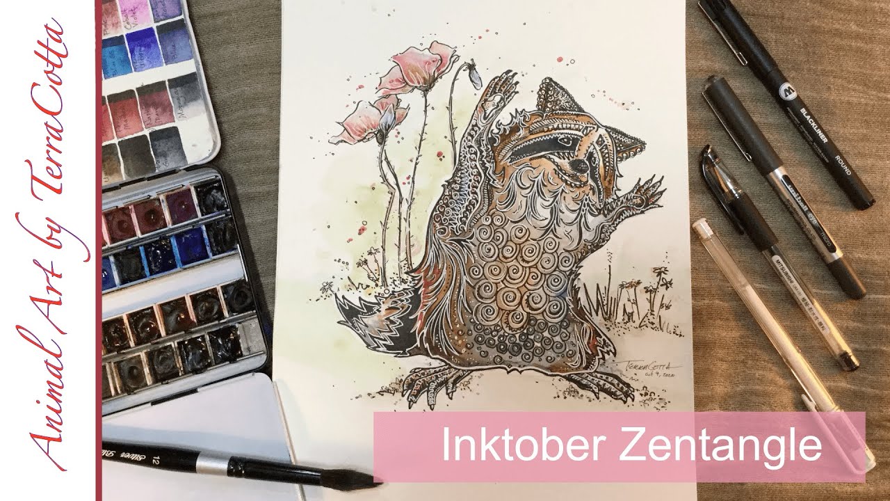 (Watercolor) Easy INKtober Raccoon in Poppies | Zentangle Art
