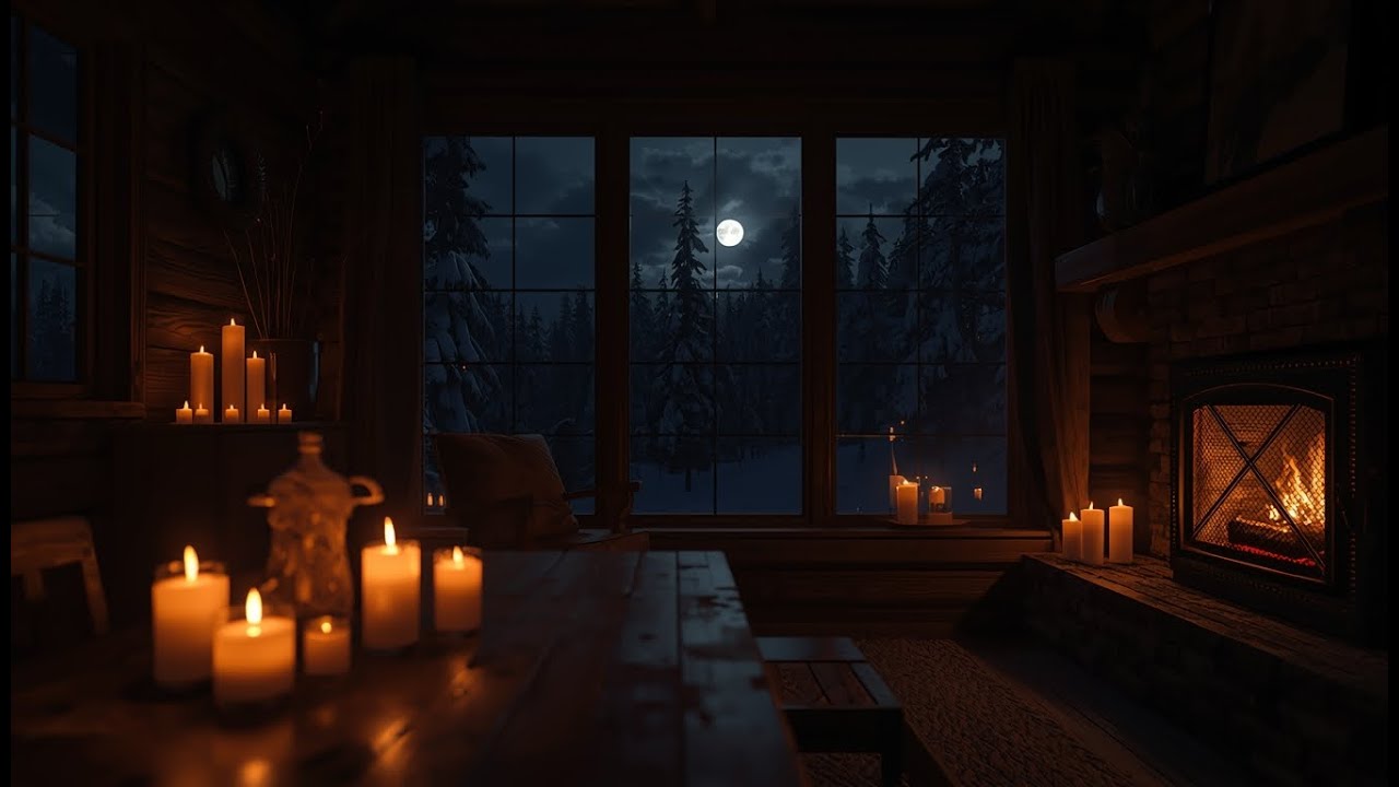 Moonlit Winter Cabin Ambience | Fireplace Warmth & Snowy Night Forest