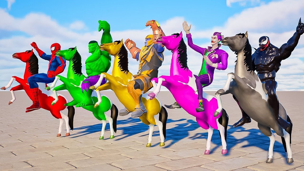 Horse Racing Challenge with Scary Teacher vs Spiderman, Hulk, Iron Man, Batman | Team 5 Spider Man