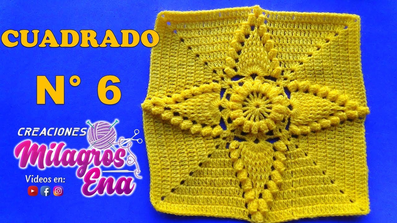 Cuadrado N° 6 tejido a crochet en punto hojas en relieves  y popcorn paso a paso