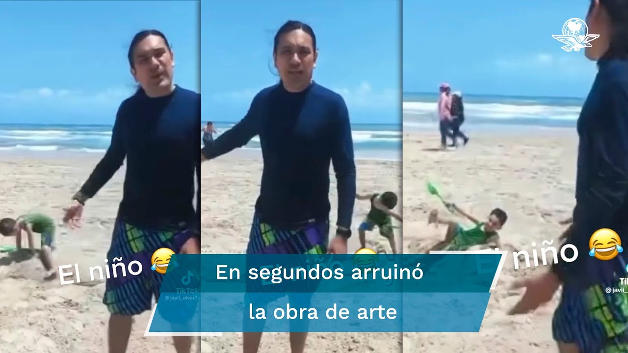 Ni&ntilde;o destruye obra de arena mientras artista la presum&iacute;a en vivo