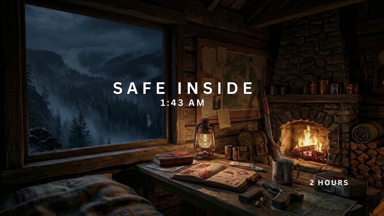 Rainy Cabin in the Woods – Dark Cozy Ambient Fireplace (2 Hours Rain & Thunder)