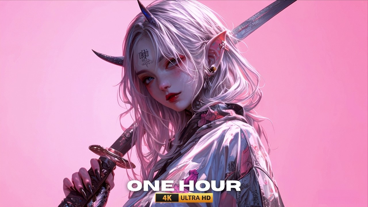 Pink Aesthetic Oni Samurai Girl | White Hair Katana Live Wallpaper 4K | Animated Anime Background