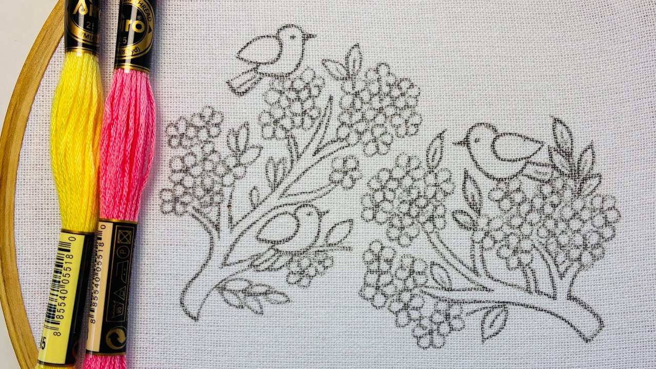 EASY LITTLE BIRDS ON CHERRY BLOSSOM TREE BRANCH HAND EMBROIDERY DESIGN FOR BEGINNERS 