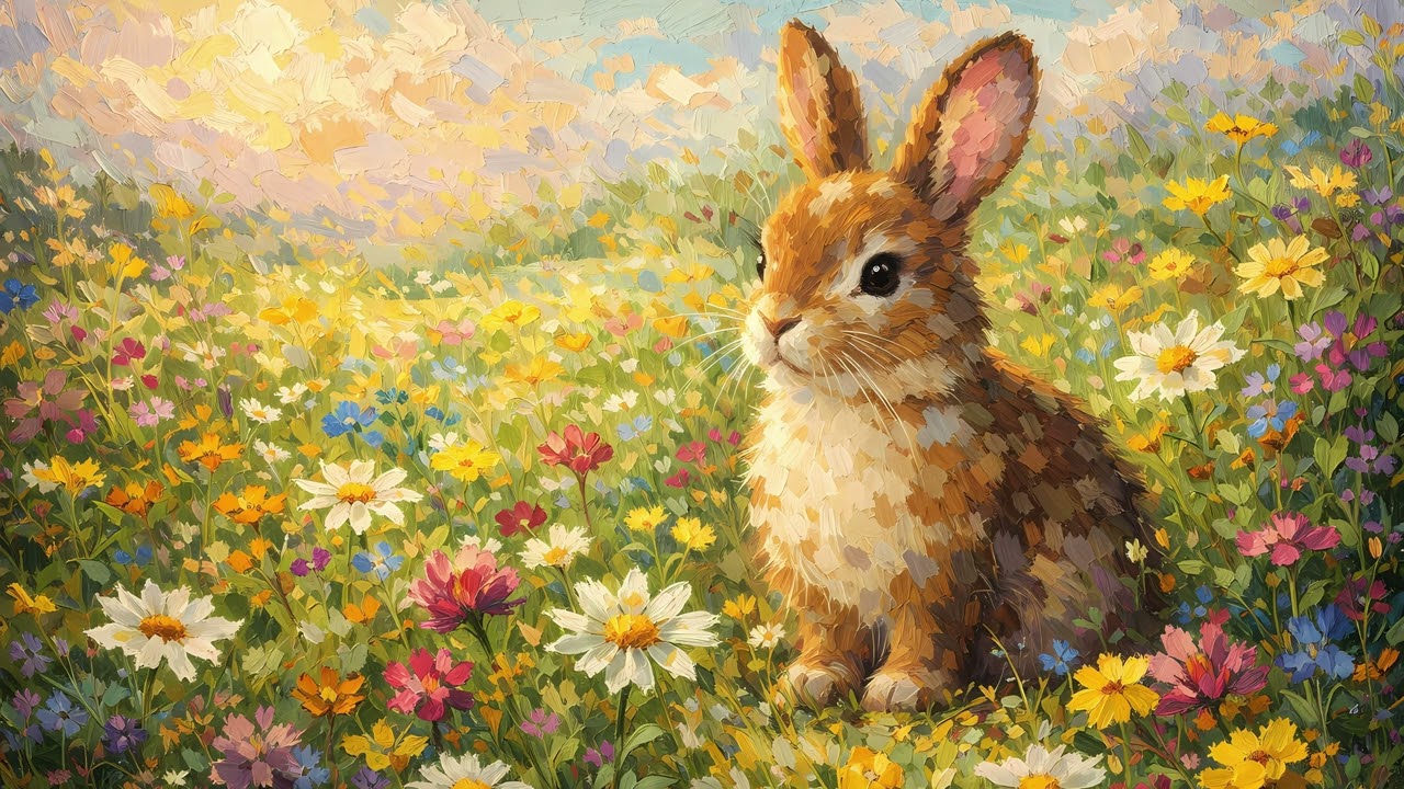 Cozy Spring Bunny Oil Painting for Samsung Frame TV | 4K Wildflower Wall Art