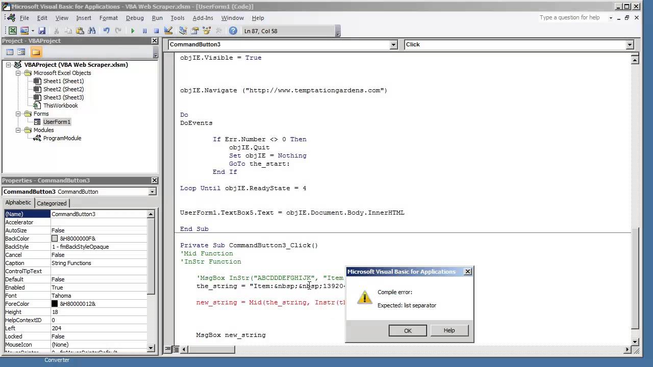 Web Scraper VBA Application1.16-Parsing HTML Source Code Mid String Functions