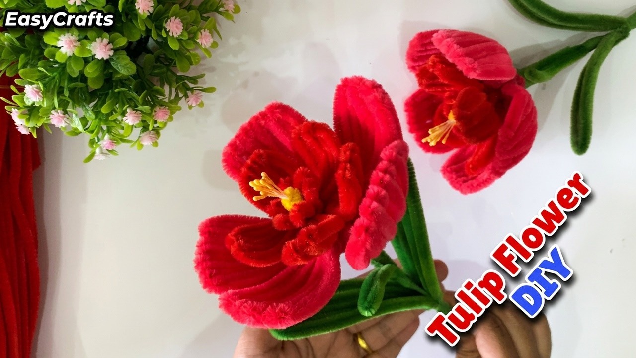 DIY How to make simple Tulip red pipe cleaner flower - EasyCrafts