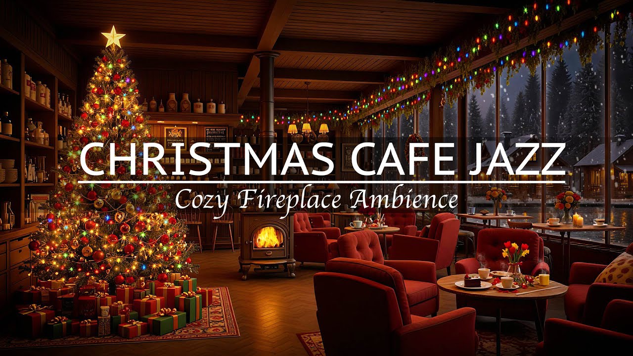 Cozy Christmas Coffee Shop Ambience ☕️🎄 Relaxing Jazz & Fireplace Sounds for Study, Sleep