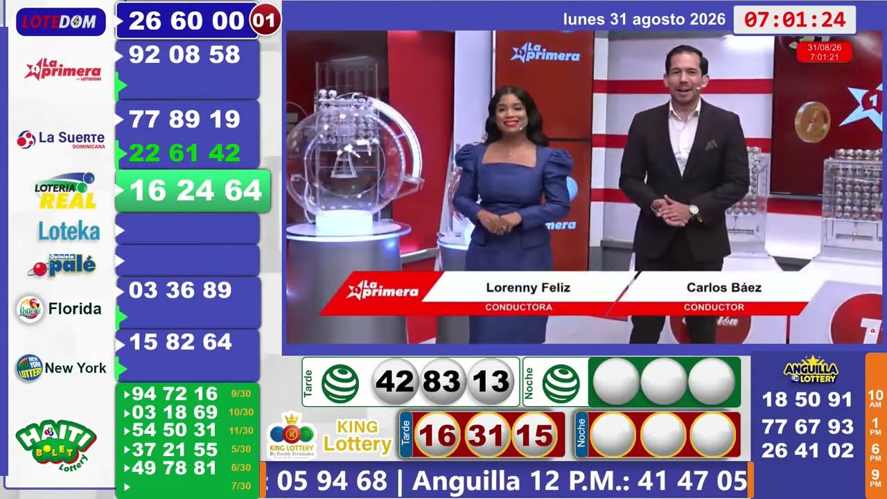 🔴 EN VIVO: Loter&iacute;a La Primera y Anguilla Lottery 7:00 PM | Resultados Hoy Lunes 31 de agosto 2026
