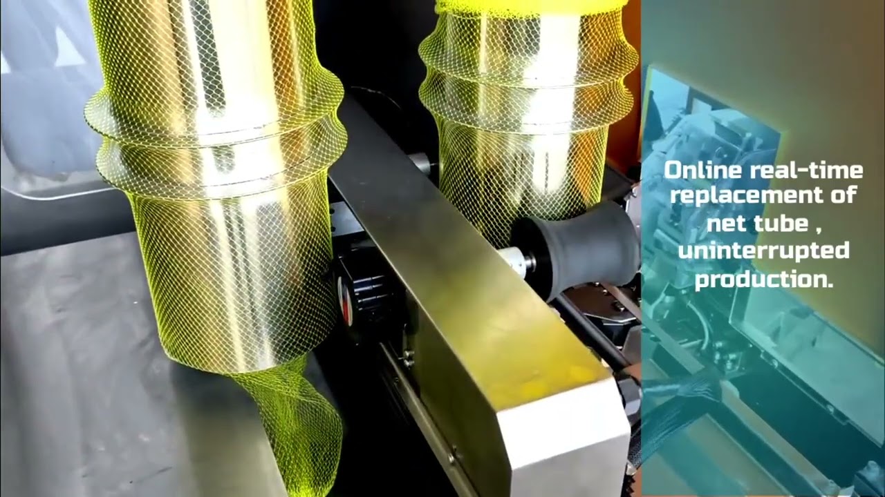 Net bag packaging machine, specially designed for light snacks such as chocolate, cheese and butter.