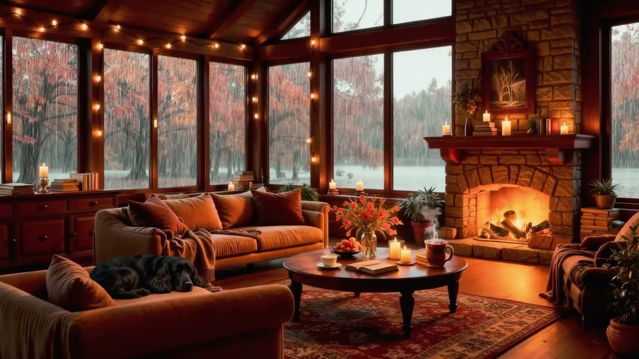 Cozy Autumn Fireplace & Rain Sounds — No Music | 1 Hour Relaxing Ambience