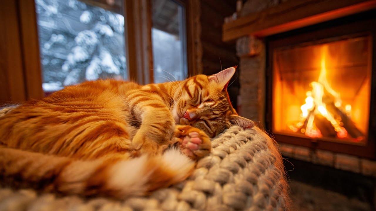 Cozy New Year Fireplace | Relaxing Cat ASMR and Calm Night Sounds
