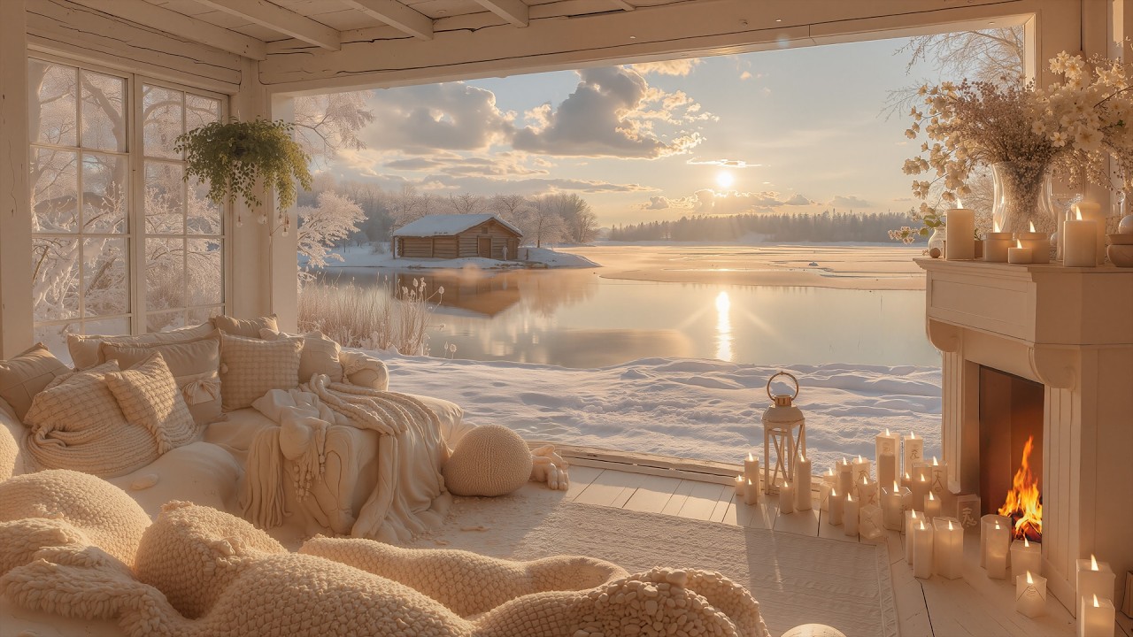 Winter Lake View from a Cozy Cabin❄️Gentle Piano & Fireplac for Relaxation & Deep Reste Sounds