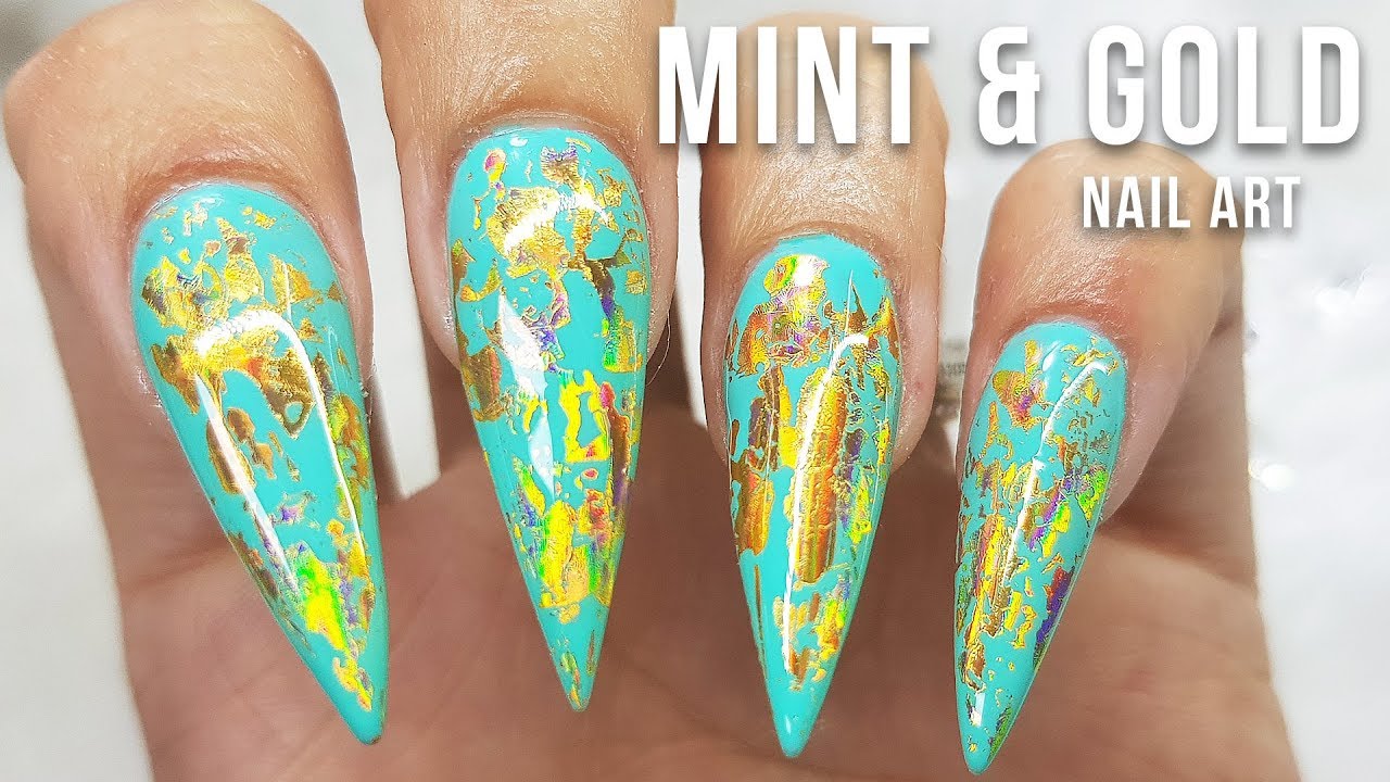 MINT TEAL AND GOLD FOIL  STILETTO NAILS