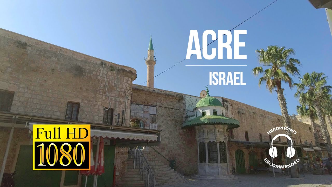 Walk through ancient Acre (Akko), Israel. Narrow streets and market. Сity sounds