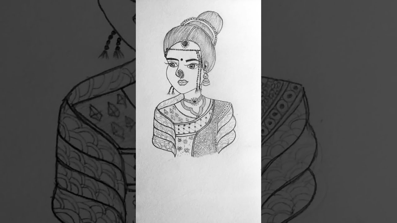 Indian bride pencil drawing tutorial, pencil drawing, how to draw Indian bride in Navari saree,