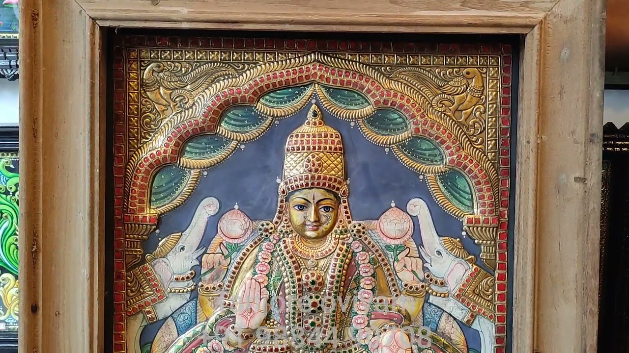 Antique Finish Semi Embossing Gajalakshmi 24x18,Tanjore painting,Tanjore Oviyam,Watsapp: 9884490708.