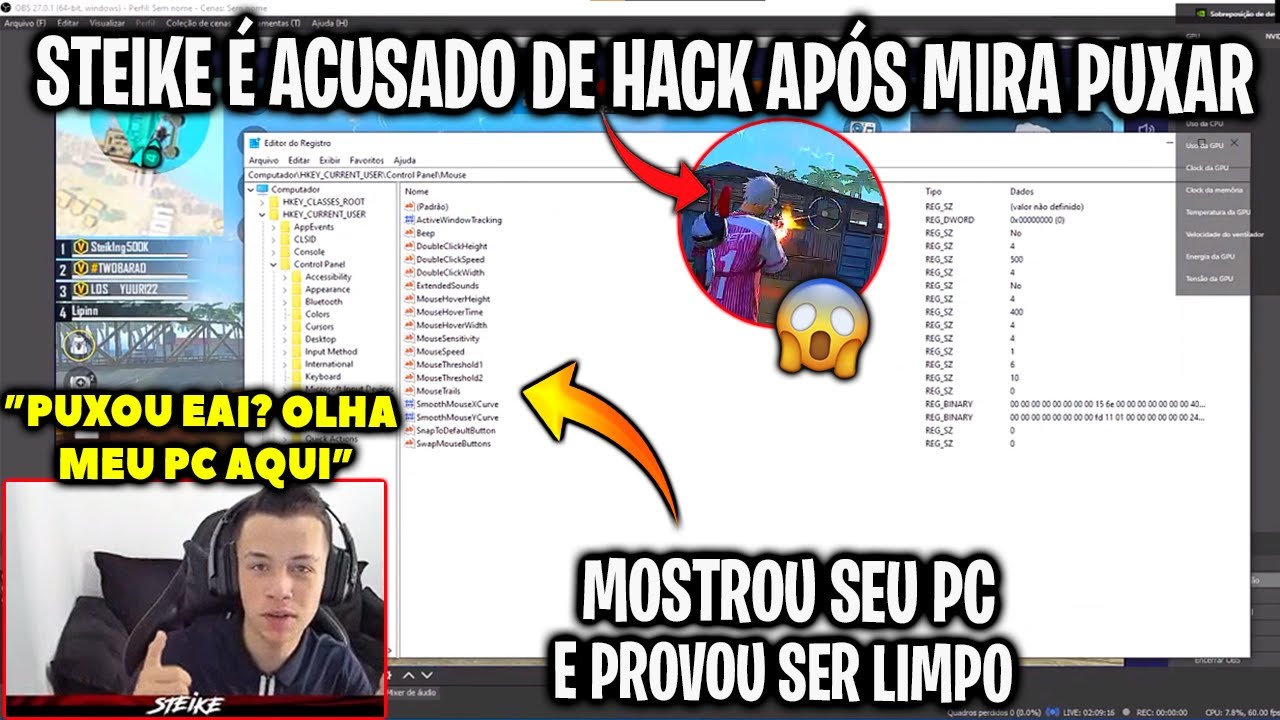 STEIKE FF É ACUSADO DE USAR HACK APÓS MIRA PUXAR E MOSTRA SEU PC AO VIVO PRA PROVAR QUE É LIMPO!
