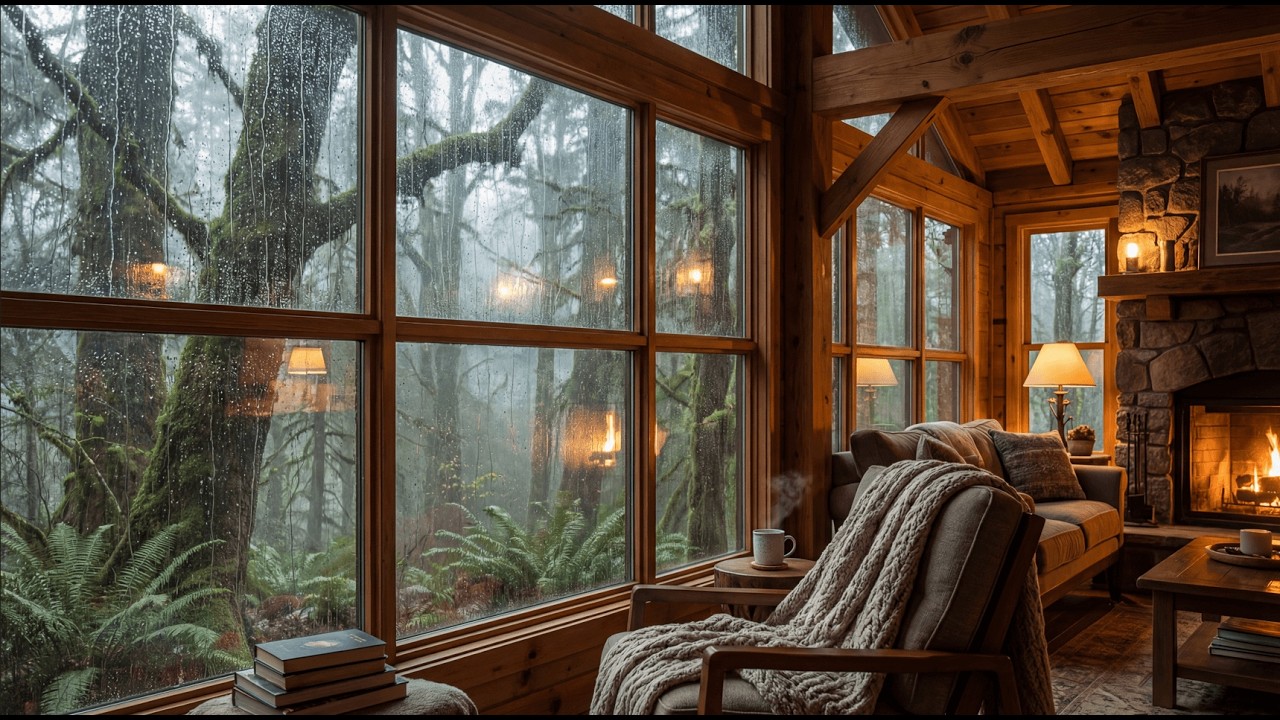 Cozy Rainy Cabin Window in Forest 🌧️🔥 | Fireplace & Steaming Coffee 4K Ultra HD 2 Hours Relax, Sleep