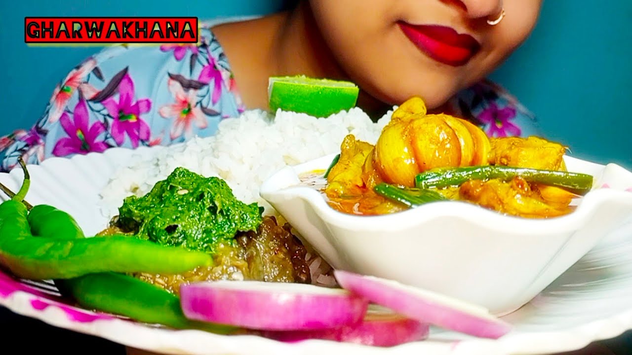 Bigbites| Eating Homemade Lunch Thali|Spicy Chicken Curry, Bringan Bharta,Dhania,With Worm Rice||