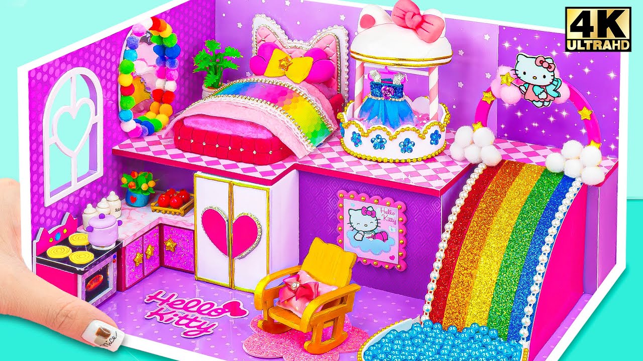 Собери фиолетовый домик Hello Kitty с милым шкафом и радужной горкой ❤️ Миниатюрный домик из картона