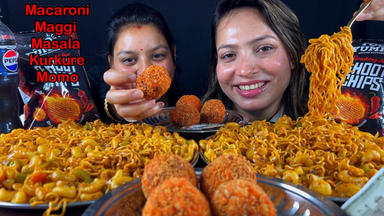 Eating Spicy🔥 Masala Macaroni Maggi, Kurkure Momo, Bhoot Chips | Bhabhi And Nanad Maggi Challenge