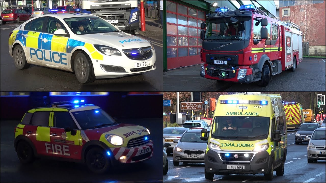 West Midlands Fire Mini Cooper + Police Cars and Ambulances responding