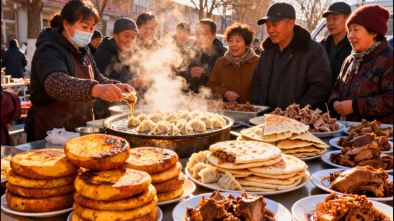 中国最受欢迎的北方街头美食，超低物价，红薯饼香甜可口，牛羊肉蒸饺一口流油，罩火烧、荷叶饼好吃到爆，各种秘制熟食香气扑鼻，感受三餐四季的烟火气！舌尖上的中国美食，人们疯狂抢购