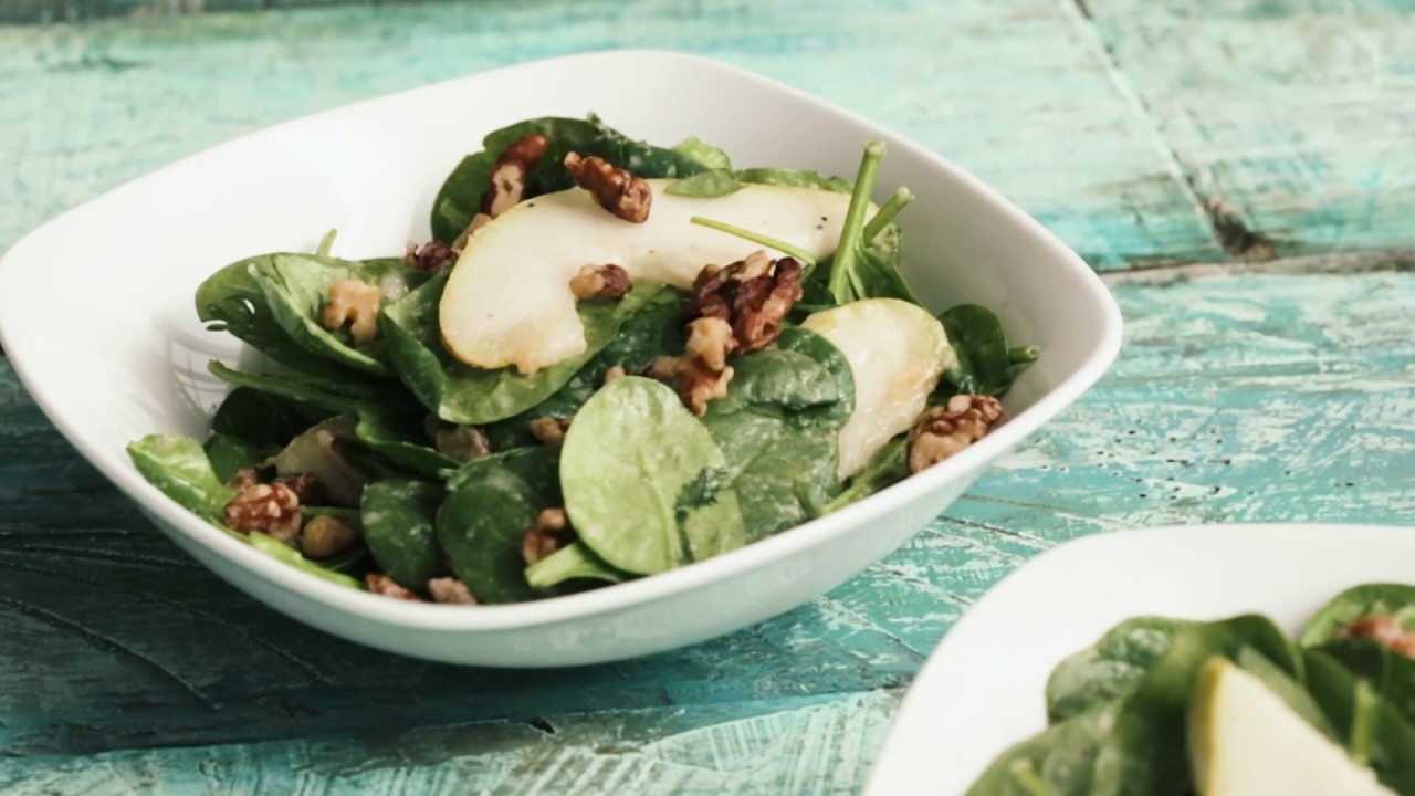 How to make Pear and Spinach Salad with Walnuts and Citrusy Sesame-Pear Dressing