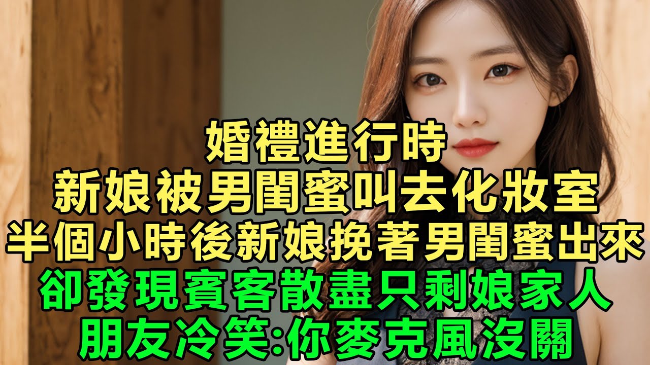 婚禮進行時，新娘被男閨蜜叫去化妝室，半個小時後新娘挽著男閨蜜出來卻發現賓客散盡只剩娘家人，朋友冷笑：你麥克風沒關！