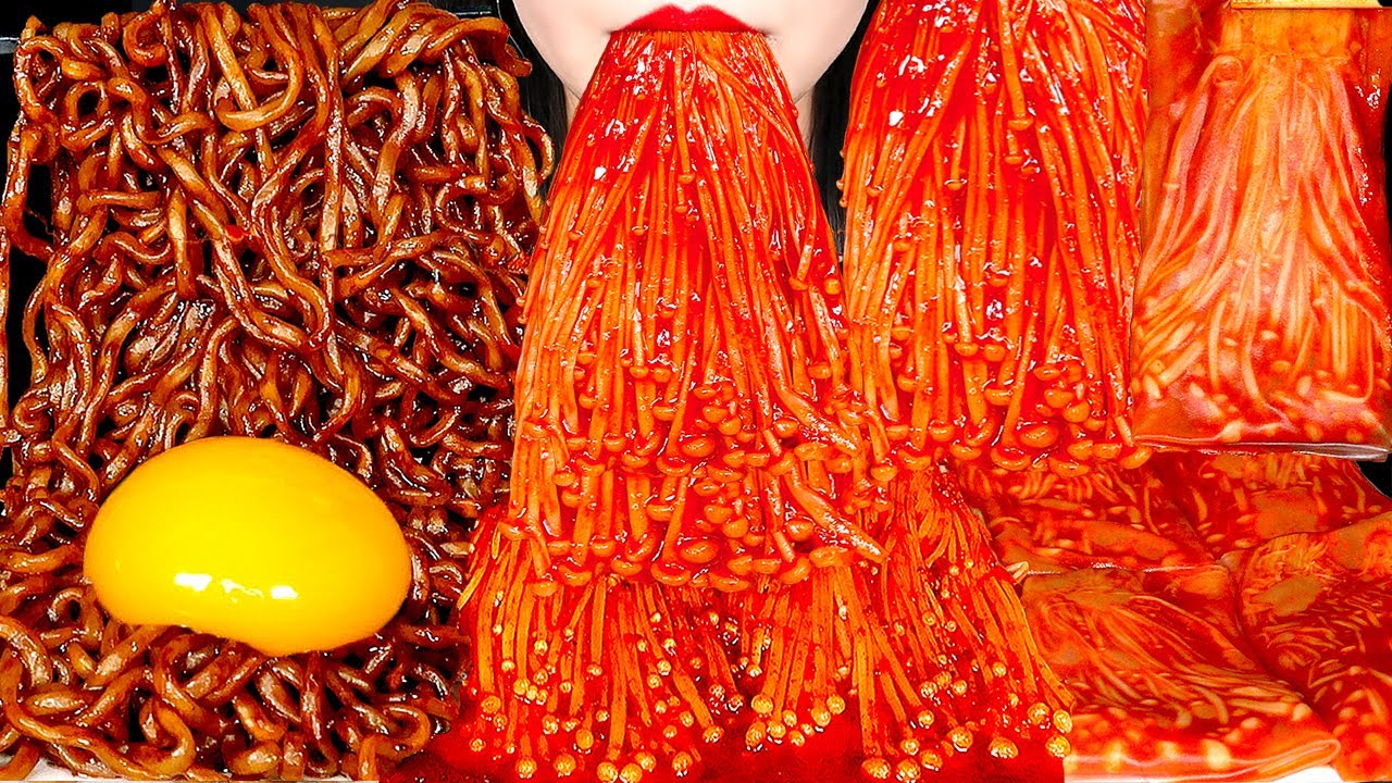 ASMR SPICY ENOKI MUSHROOMS TRUFFLE BLACK BEAN NOODLES 불닭팽이버섯, 트러플짜파게티, 불닭쌈 먹방 MUKBANG 咀嚼音えのき