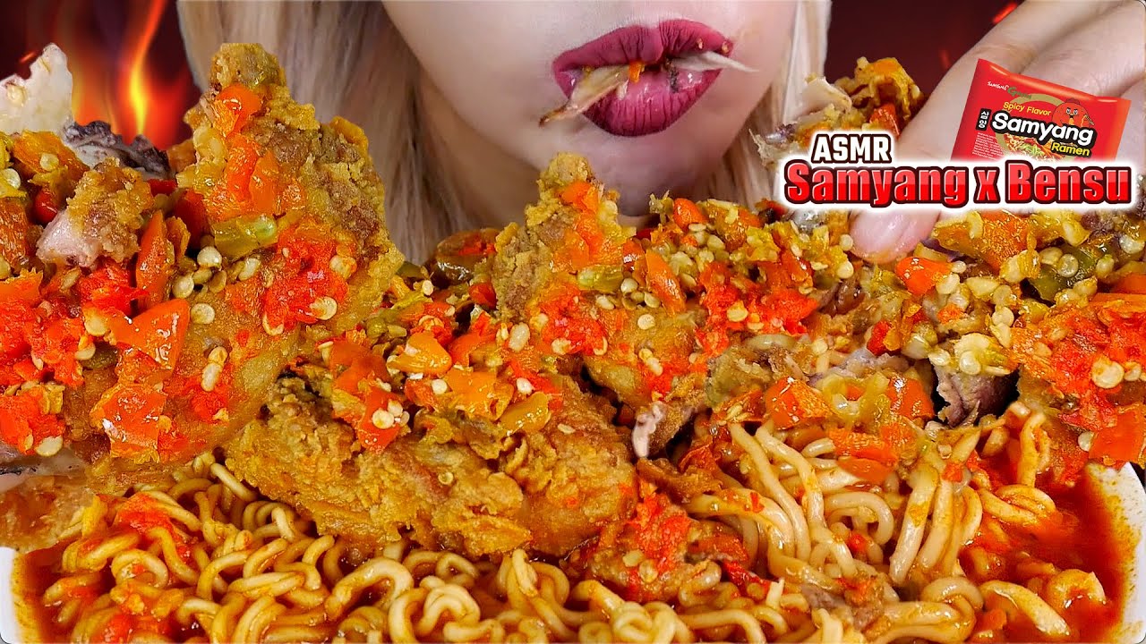 ASMR 🍗😋GEPREK BENSU X SAMYANG PEDAS NYEMEK🔥 SPICY CHICKEN WITH SAMYANG NOODLE🍜