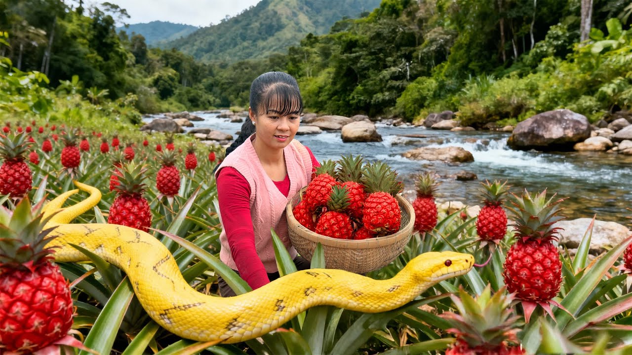 Harvesting Wild Pineapples Go to Market Sell &ndash; Giant Python Suddenly Appears in the Pineapple Garden