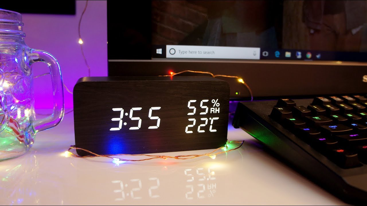 Wooden LED desk clock with temperature and humidity from Fibisonic