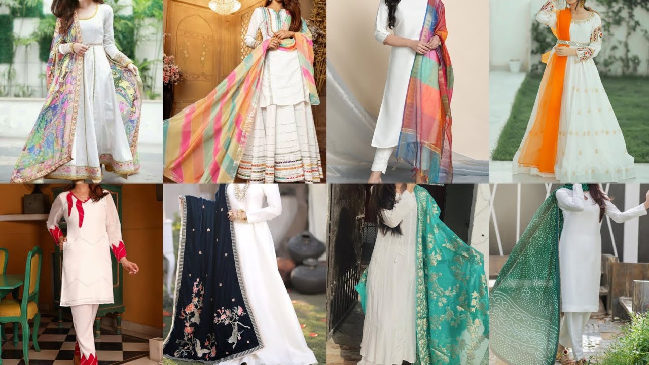 White And Off White Dress Designs|White suit Designs With Contrast Dupatta