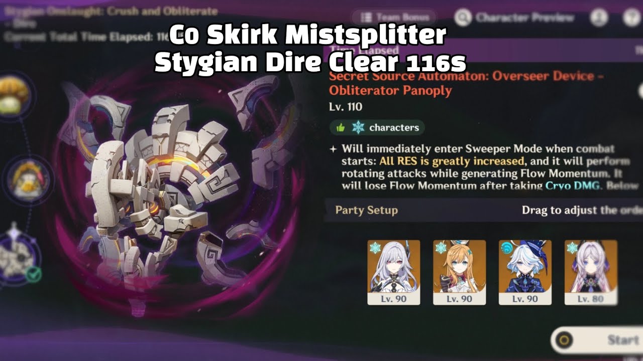[6.4 Stygian Onslaught] C0 Skirk Mistplitter 6 Cost Dire Clear 116s | Genshin Impact