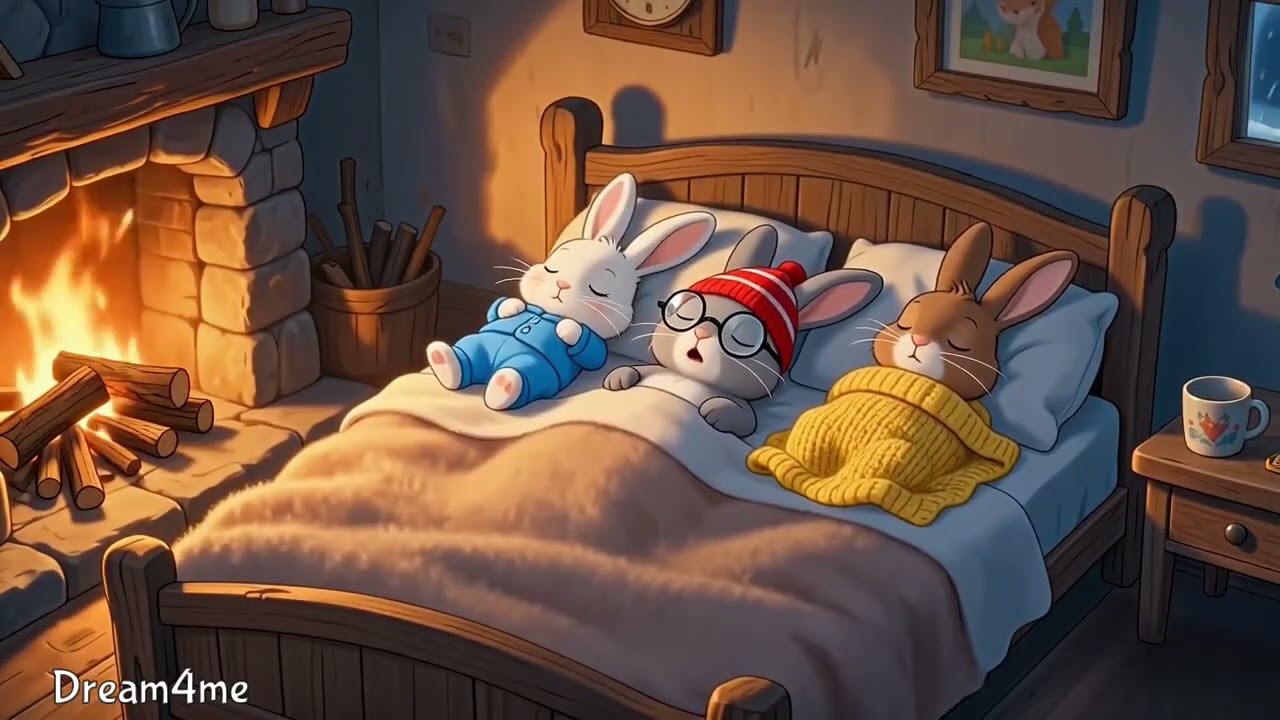 10 hours White noise for sleep and relaxation. Three bunnies sleeping next to a fireplace (3).