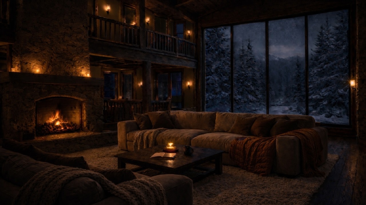 Cozy Winter Lodge Ambience | Crackling Fireplace & Soft Piano Jazz