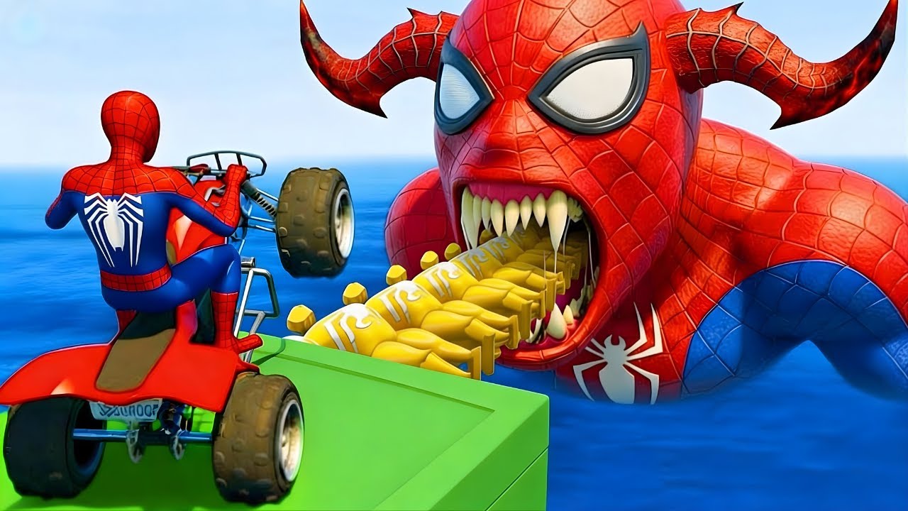 SPIDER-MAN against Giant SPIDEY MONSTER on Rainbow SHARK Bridge | Funny Games GTA 5 Rockstar
