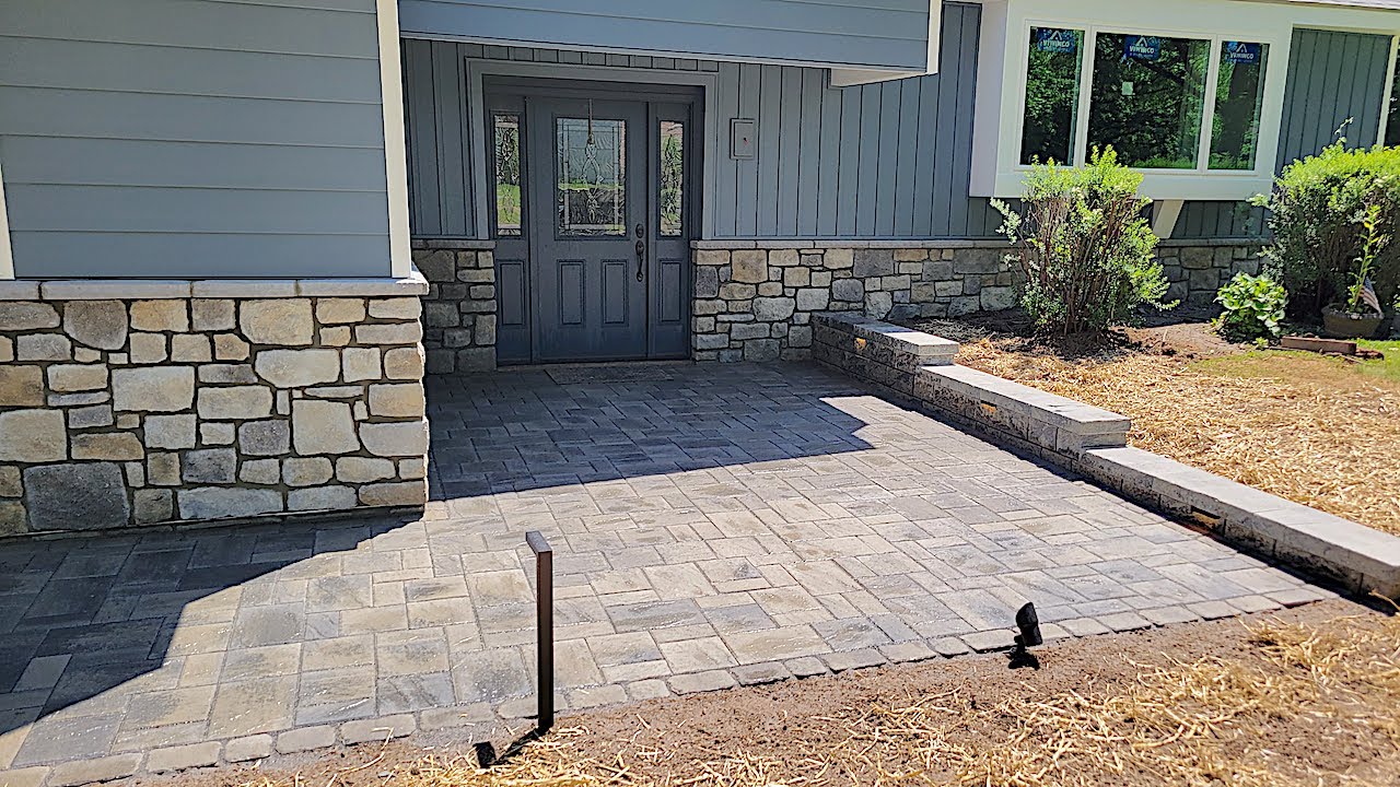 Techo Bloc paver walkway and retaining wall with lights