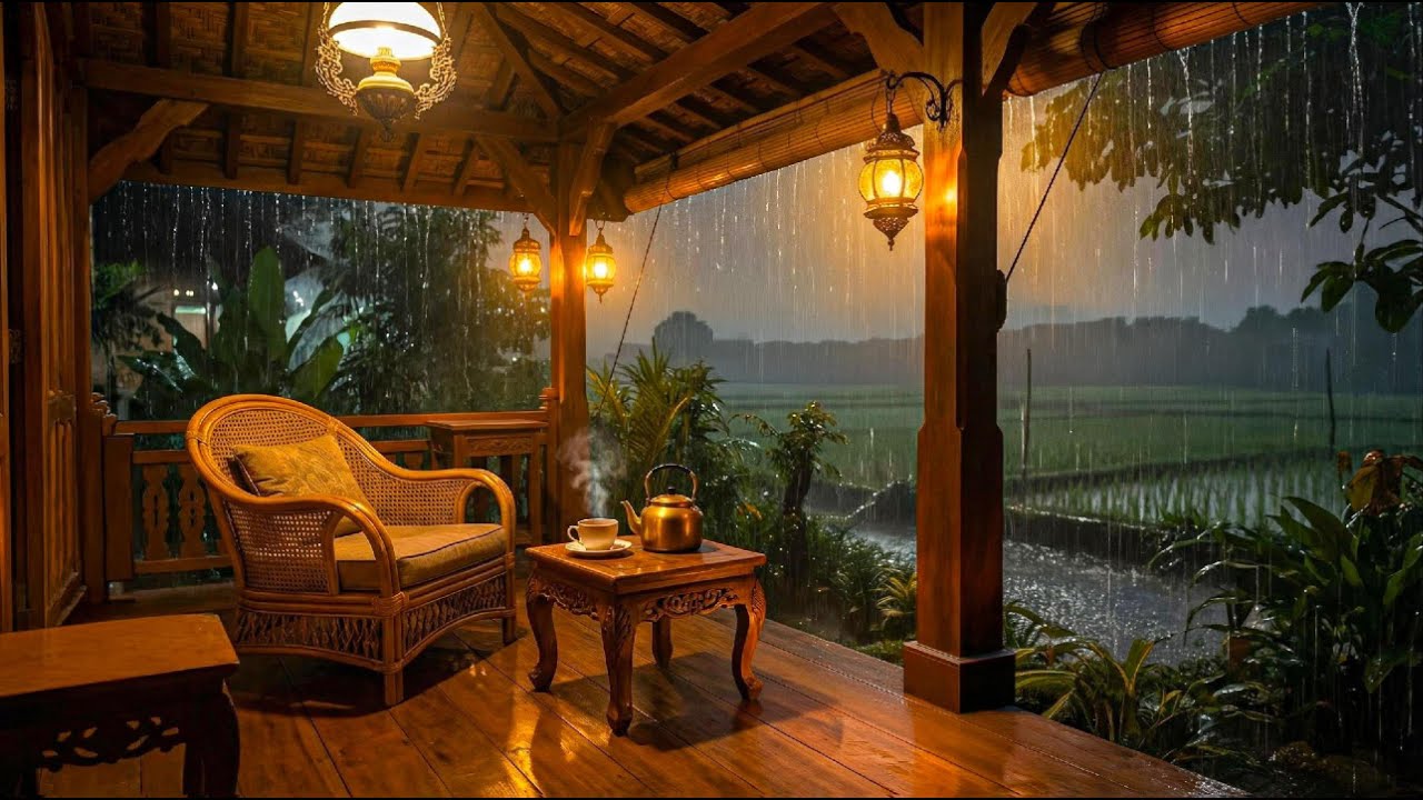 Heavy Rain at Night in Java Village 🌧️ Thunder & Rain Sounds for Sleep (Traditional Joglo)