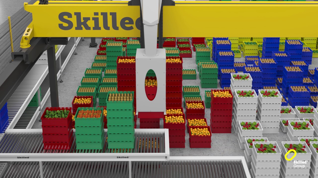 Gantry robot handling crates by Skilled Group